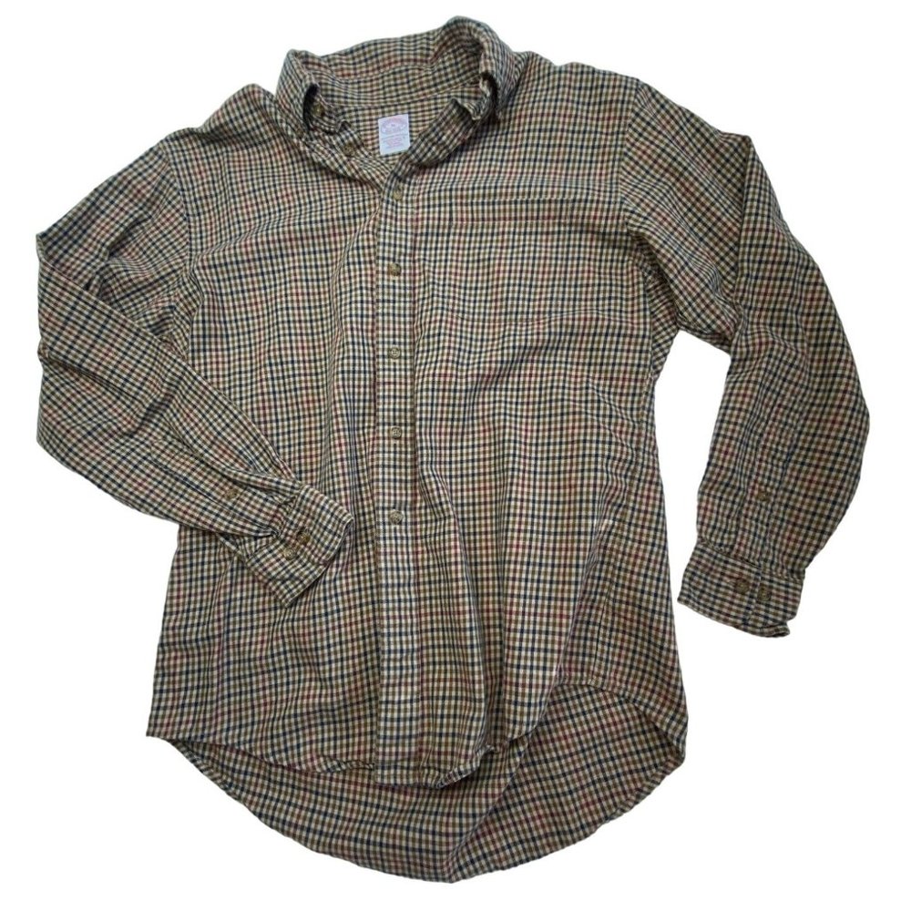 Brooks Brothers Check Pattern Tan Blue Button Down Size Men's Medium Shirt
